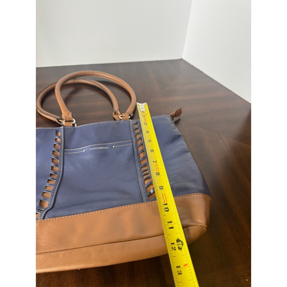 Tignanello Leather Tote Bag Navy‎ Blue Brown Shoulder Handbag Large - Picture 12 of 13